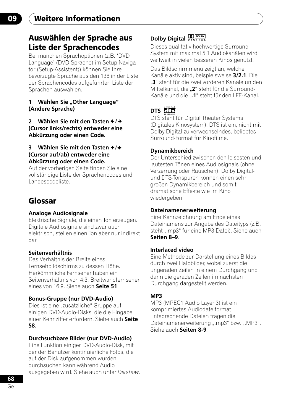 Weitere informationen 09, Auswählen der sprache aus liste der sprachencodes, Glossar | Pioneer DV-656A-S User Manual | Page 142 / 148