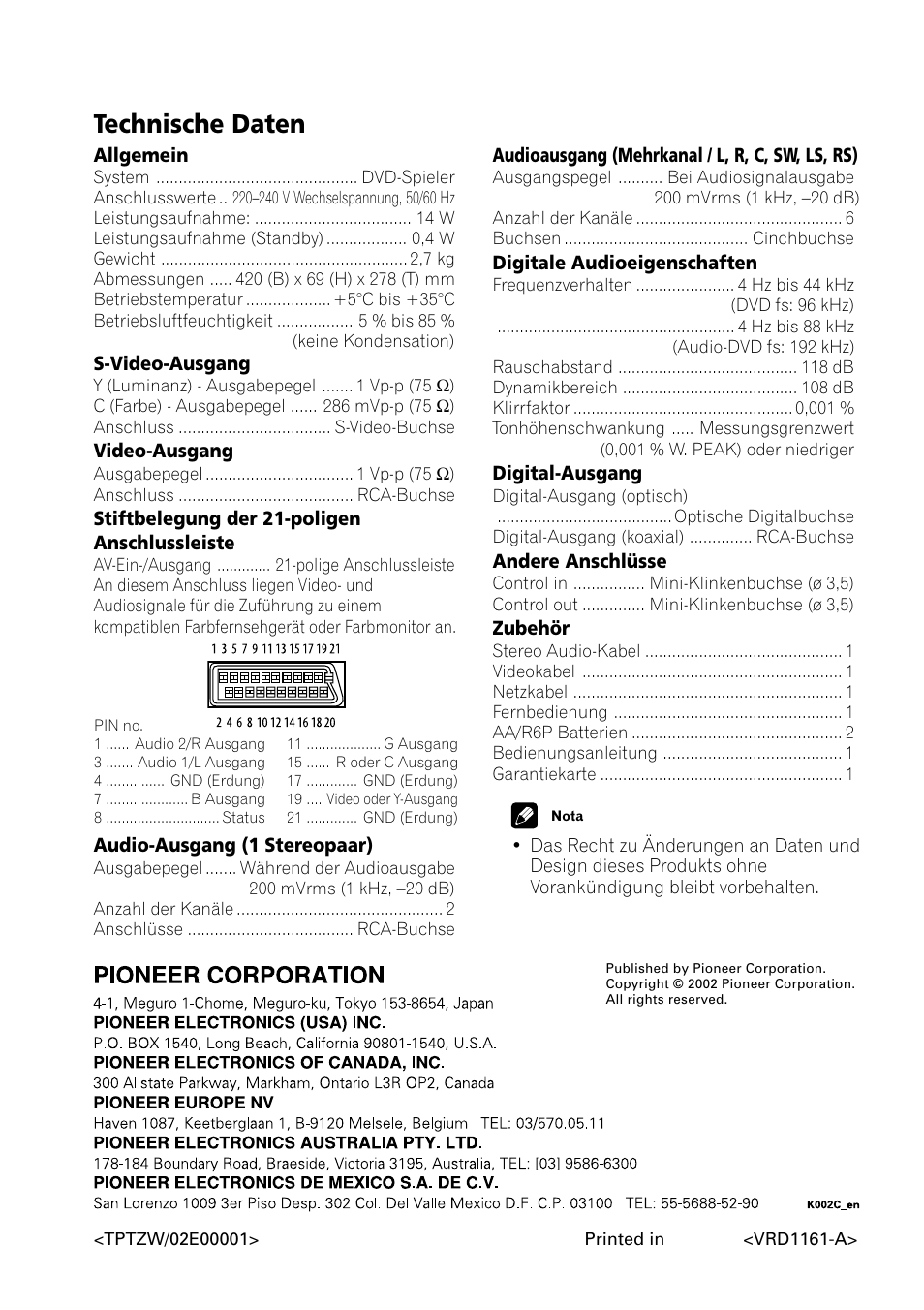 Technische daten | Pioneer DV-656A-S User Manual | Page 148 / 148