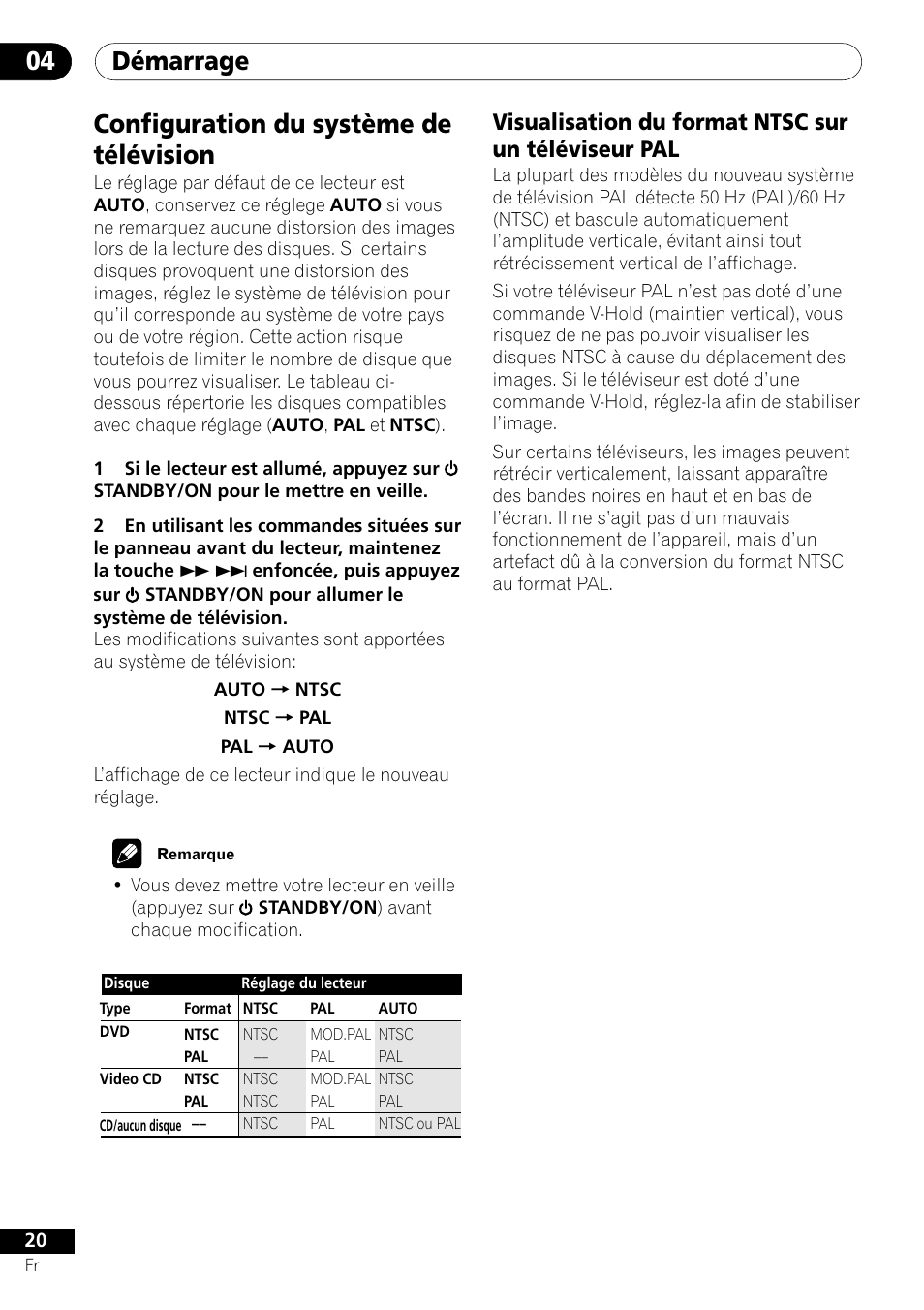 Configuration du système de télévision, Visualisation du format ntsc sur un téléviseur pal, Démarrage 04 | Pioneer DV-656A-S User Manual | Page 20 / 148