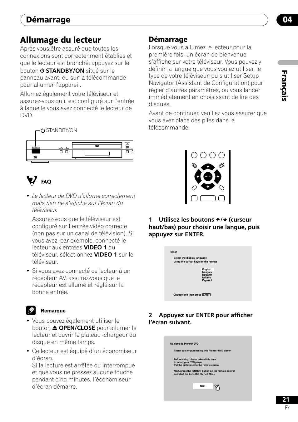 Allumage du lecteur, Démarrage, Démarrage 04 | Français démarrage, 1utilisez les boutons, 2appuyez sur enter pour afficher l’écran suivant | Pioneer DV-656A-S User Manual | Page 21 / 148