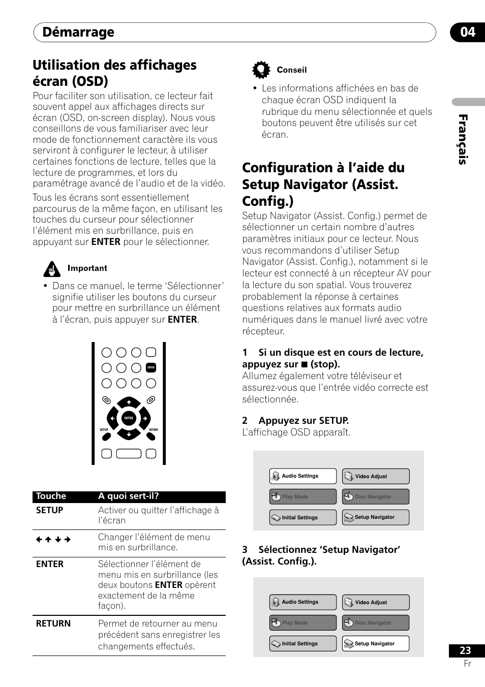 Démarrage 04, Utilisation des affichages écran (osd), Français | Pioneer DV-656A-S User Manual | Page 23 / 148