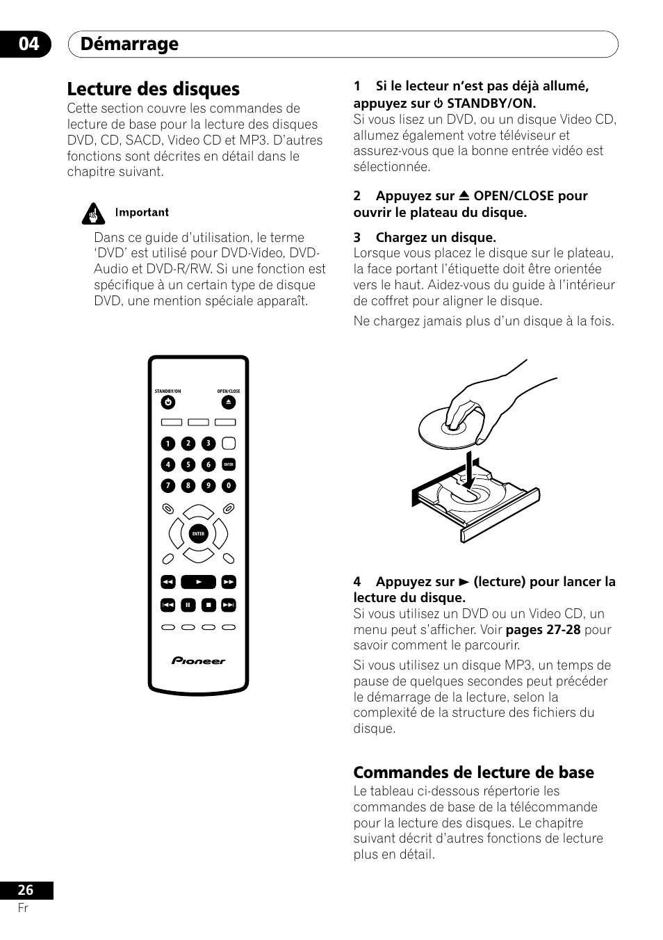 Lecture des disques, Commandes de lecture de base, Démarrage 04 | Pioneer DV-656A-S User Manual | Page 26 / 148