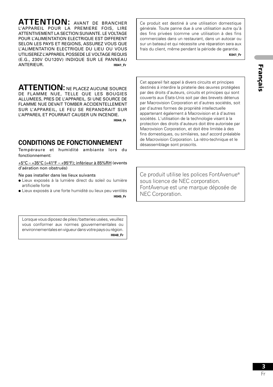 Attention, Français, Conditions de fonctionnement | Ce produit utilise les polices fontavenue | Pioneer DV-656A-S User Manual | Page 3 / 148