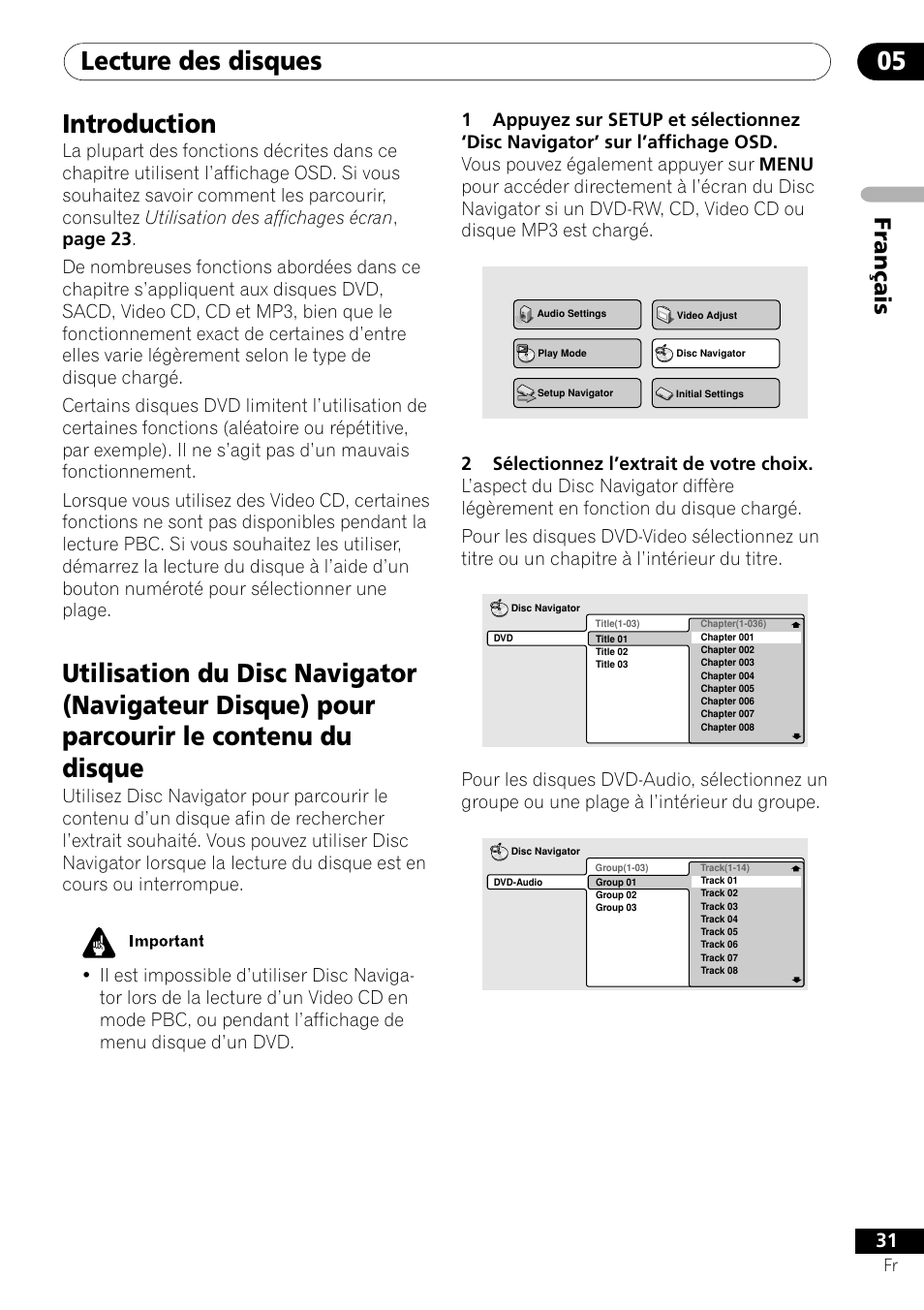 Lecture des disques 05, Introduction, Français | Pioneer DV-656A-S User Manual | Page 31 / 148