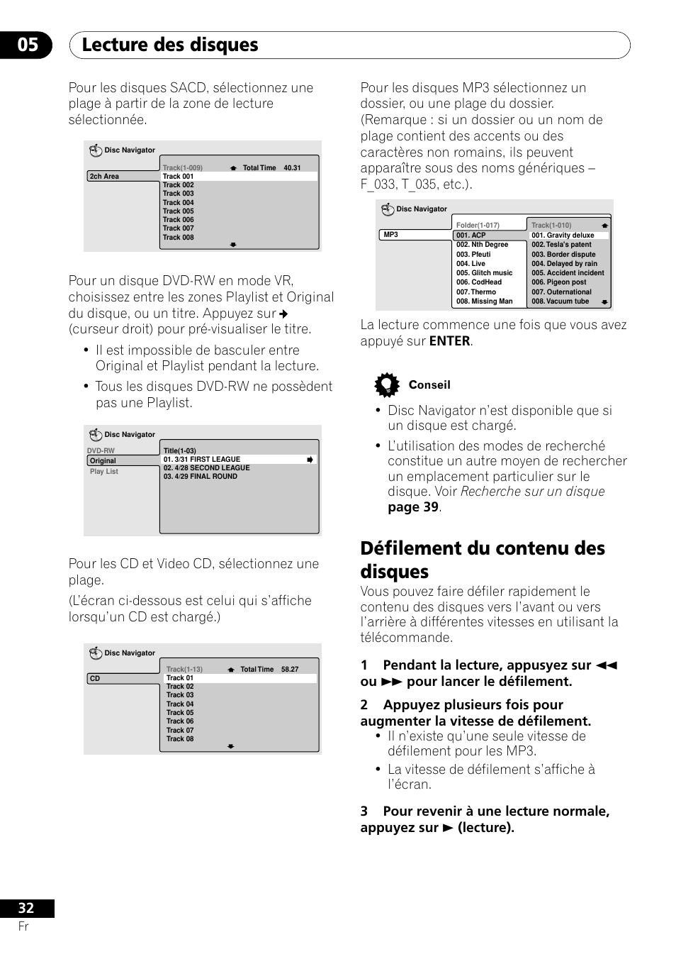 Défilement du contenu des disques, Lecture des disques 05 | Pioneer DV-656A-S User Manual | Page 32 / 148