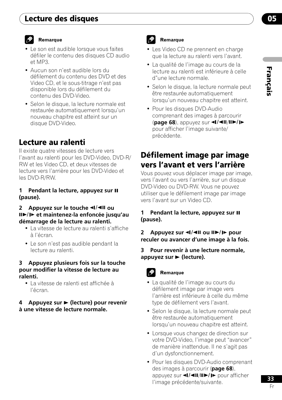 Lecture des disques 05, Lecture au ralenti, Français | Pioneer DV-656A-S User Manual | Page 33 / 148