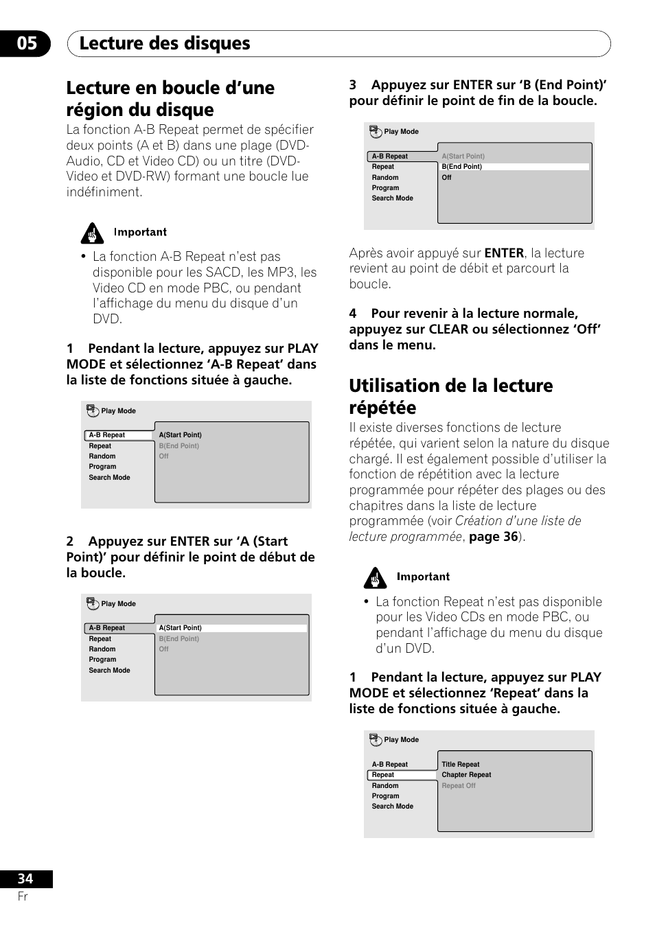 Lecture des disques 05, Lecture en boucle d’une région du disque, Utilisation de la lecture répétée | Pioneer DV-656A-S User Manual | Page 34 / 148