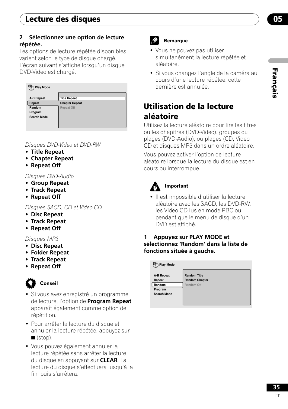 Utilisation de la lecture aléatoire, Lecture des disques 05, Français | Pioneer DV-656A-S User Manual | Page 35 / 148