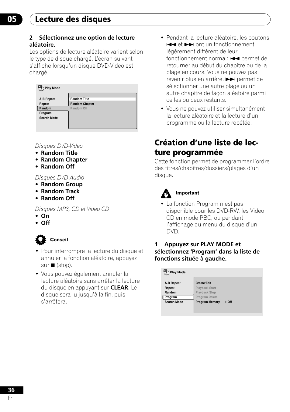 Création d’une liste de lecture programmée, Lecture des disques 05, Création d’une liste de lec- ture programmée | Pioneer DV-656A-S User Manual | Page 36 / 148