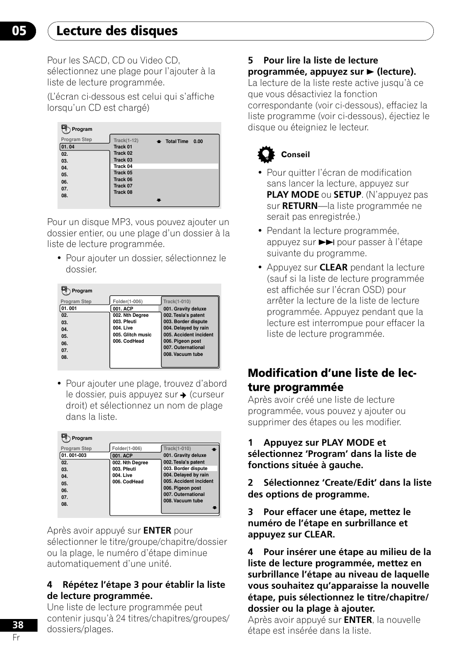 Modification d’une liste de lecture programmée, Lecture des disques 05, Modification d’une liste de lec- ture programmée | Pioneer DV-656A-S User Manual | Page 38 / 148