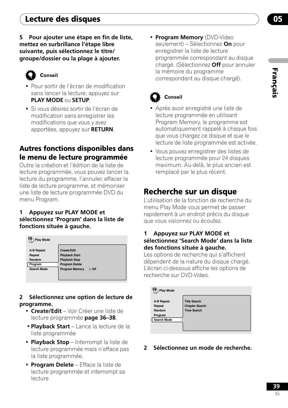 Recherche sur un disque, Lecture des disques 05, Français | Pioneer DV-656A-S User Manual | Page 39 / 148