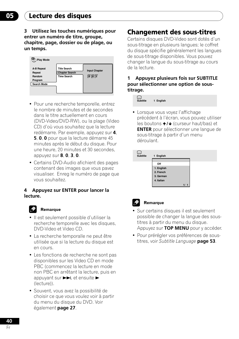 Changement des sous-titres, Lecture des disques 05 | Pioneer DV-656A-S User Manual | Page 40 / 148