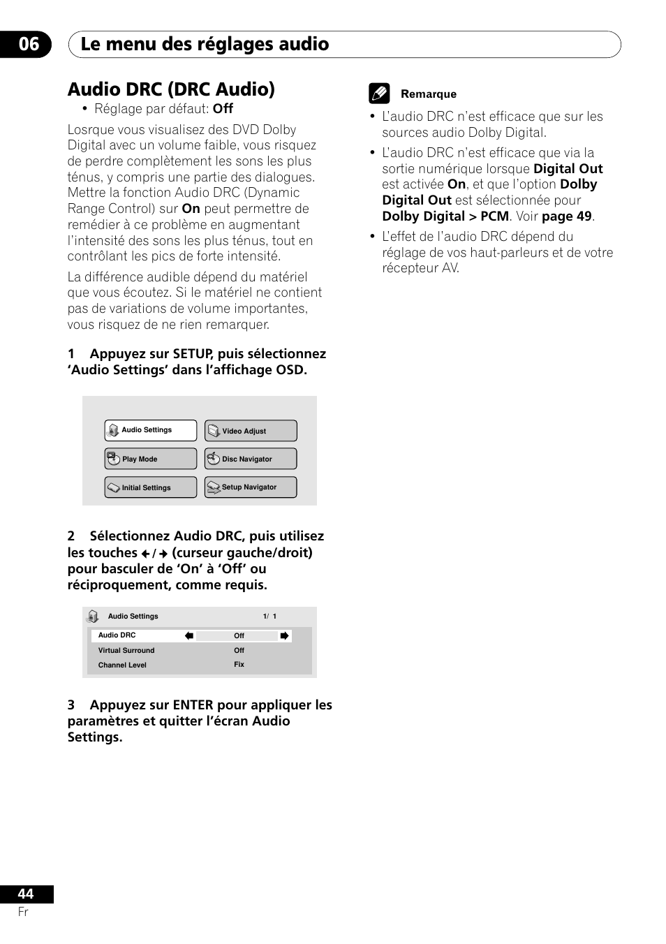 Audio drc, Le menu des réglages audio 06, Audio drc (drc audio) | Pioneer DV-656A-S User Manual | Page 44 / 148