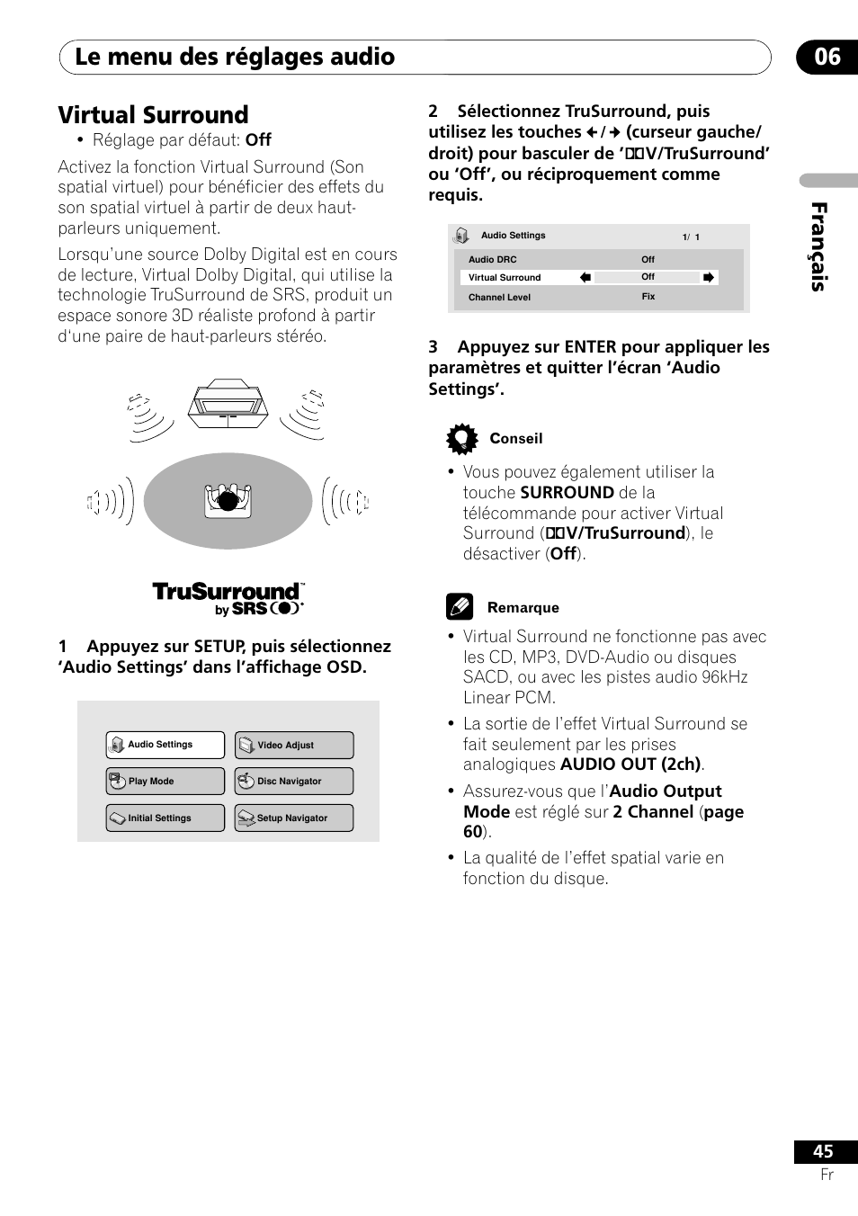Virtual surround, Le menu des réglages audio 06, Français | Pioneer DV-656A-S User Manual | Page 45 / 148