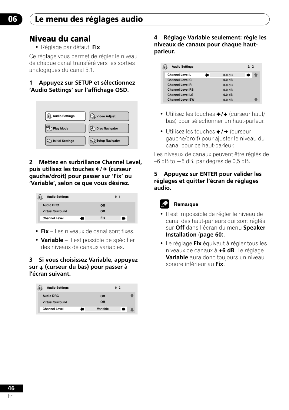 Niveau du canal, Le menu des réglages audio 06, Utilisez les touches | Pioneer DV-656A-S User Manual | Page 46 / 148