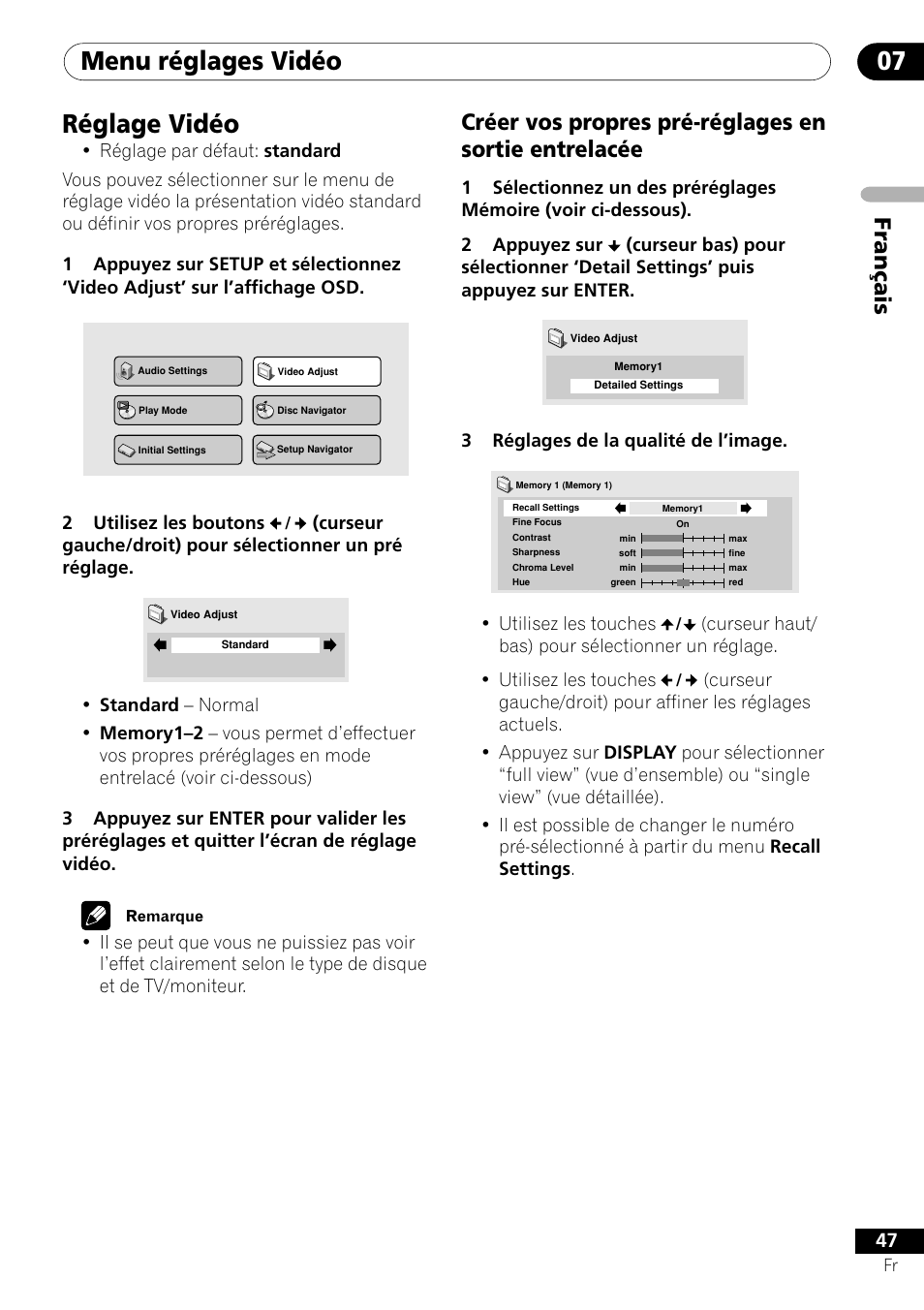 Réglage vidéo, Menu réglages vidéo 07 | Pioneer DV-656A-S User Manual | Page 47 / 148