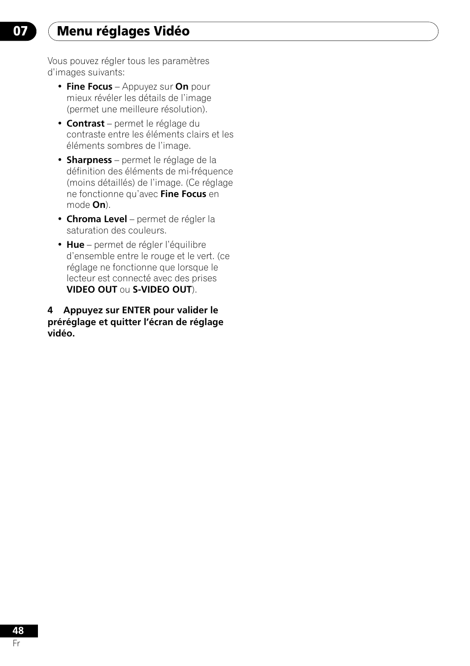 Menu réglages vidéo 07 | Pioneer DV-656A-S User Manual | Page 48 / 148