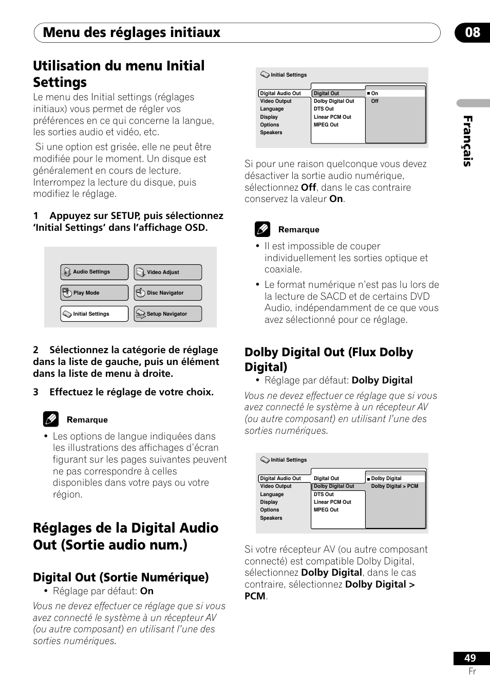 Digital out dolby digital out, Menu des réglages initiaux 08, Utilisation du menu initial settings | Français, Dolby digital out (flux dolby digital), Digital out (sortie numérique) | Pioneer DV-656A-S User Manual | Page 49 / 148