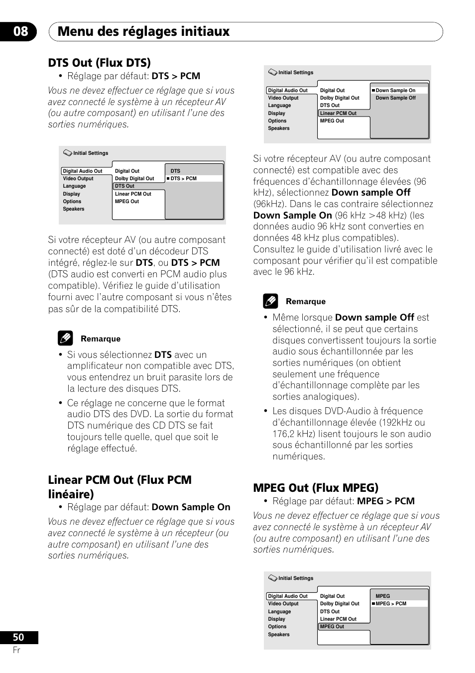 Dts out linear pcm out mpeg out, Menu des réglages initiaux 08, Mpeg out (flux mpeg) | Dts out (flux dts), Linear pcm out (flux pcm linéaire) | Pioneer DV-656A-S User Manual | Page 50 / 148