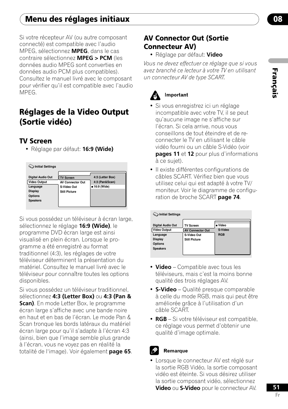 Réglages de la video output, Tv screen av connector out, Menu des réglages initiaux 08 | Réglages de la video output (sortie vidéo), Fran ç ais av connector out (sortie connecteur av), Tv screen | Pioneer DV-656A-S User Manual | Page 51 / 148