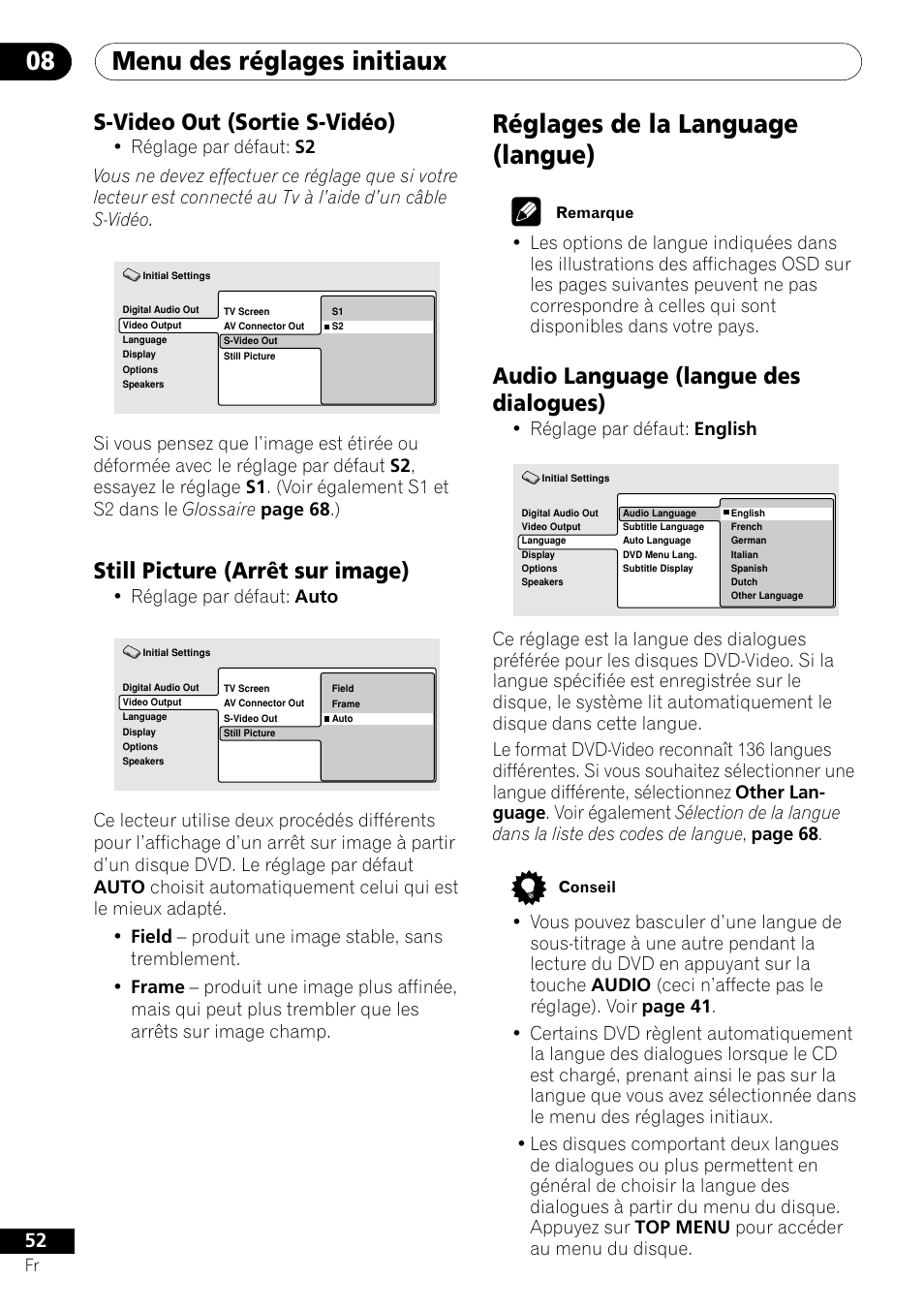 S-video out still picture, Réglages de la language, Audio language | Menu des réglages initiaux 08, Réglages de la language (langue), S-video out (sortie s-vidéo), Still picture (arrêt sur image), Audio language (langue des dialogues), Réglage par défaut: auto, Réglage par défaut: english | Pioneer DV-656A-S User Manual | Page 52 / 148