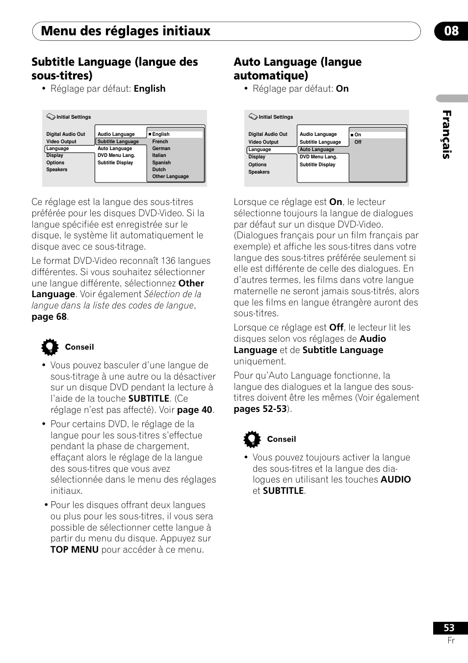 Subtitle language auto language, Menu des réglages initiaux 08, Fran ç ais auto language (langue automatique) | Subtitle language (langue des sous-titres), Réglage par défaut: on, Réglage par défaut: english | Pioneer DV-656A-S User Manual | Page 53 / 148