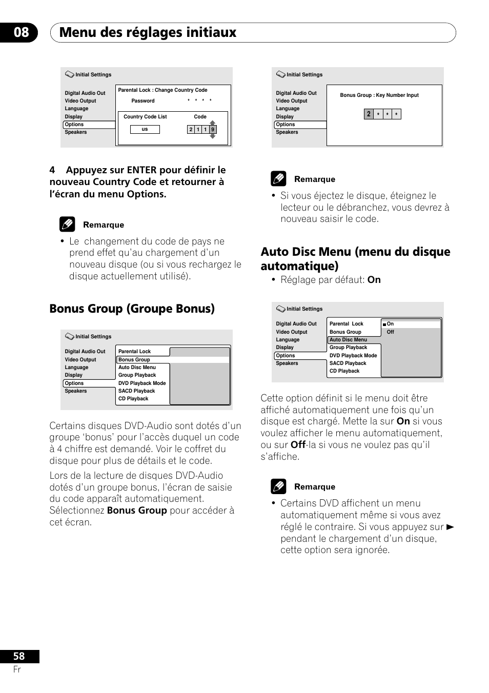 Bonus group auto disc menu, Menu des réglages initiaux 08, Bonus group (groupe bonus) | Auto disc menu (menu du disque automatique), Réglage par défaut: on | Pioneer DV-656A-S User Manual | Page 58 / 148