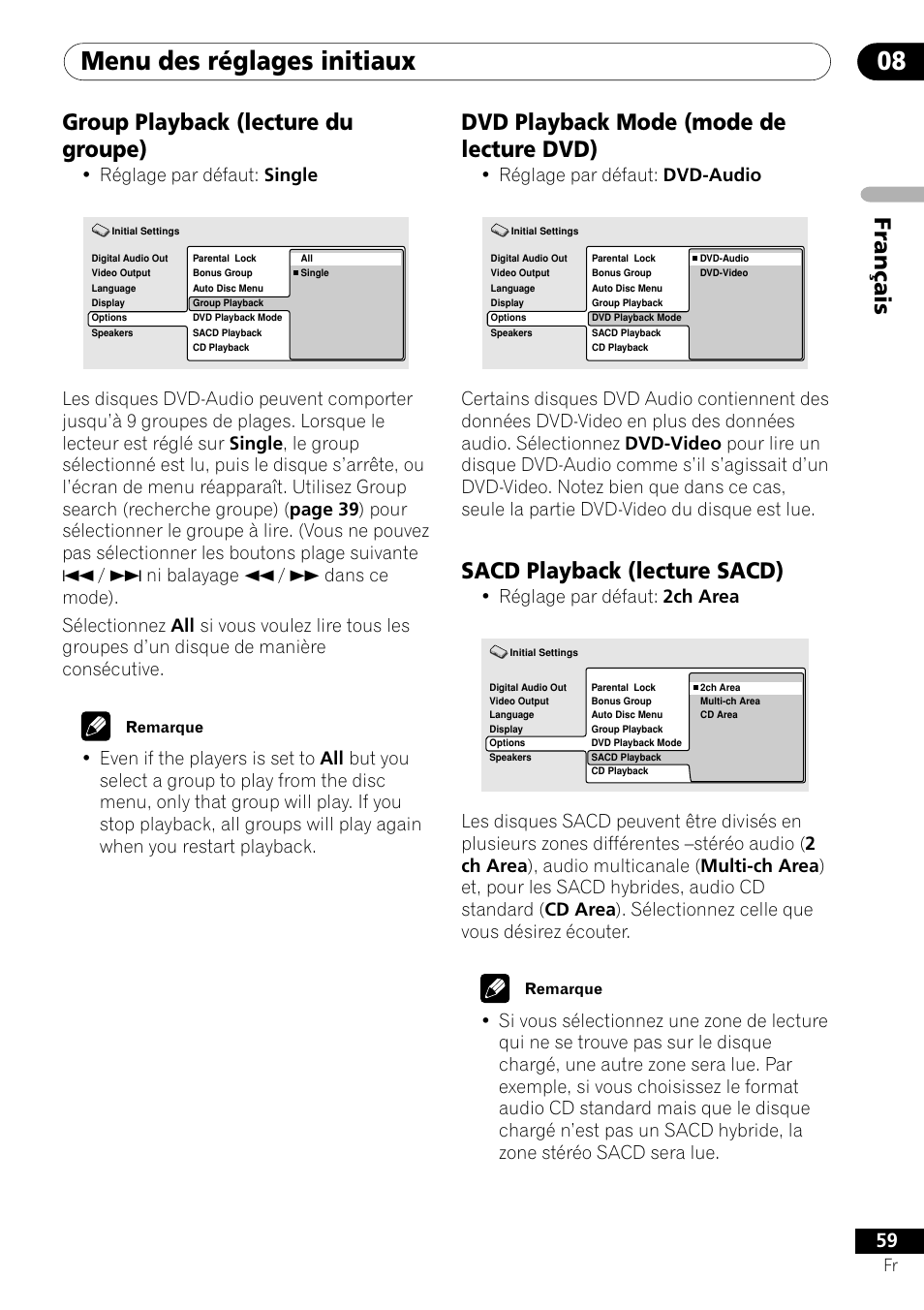 Group playback dvd playback mode sacd playback, Menu des réglages initiaux 08, Fran ç ais group playback (lecture du groupe) | Dvd playback mode (mode de lecture dvd), Sacd playback (lecture sacd), Réglage par défaut: single, Réglage par défaut: dvd-audio, Réglage par défaut: 2ch area | Pioneer DV-656A-S User Manual | Page 59 / 148