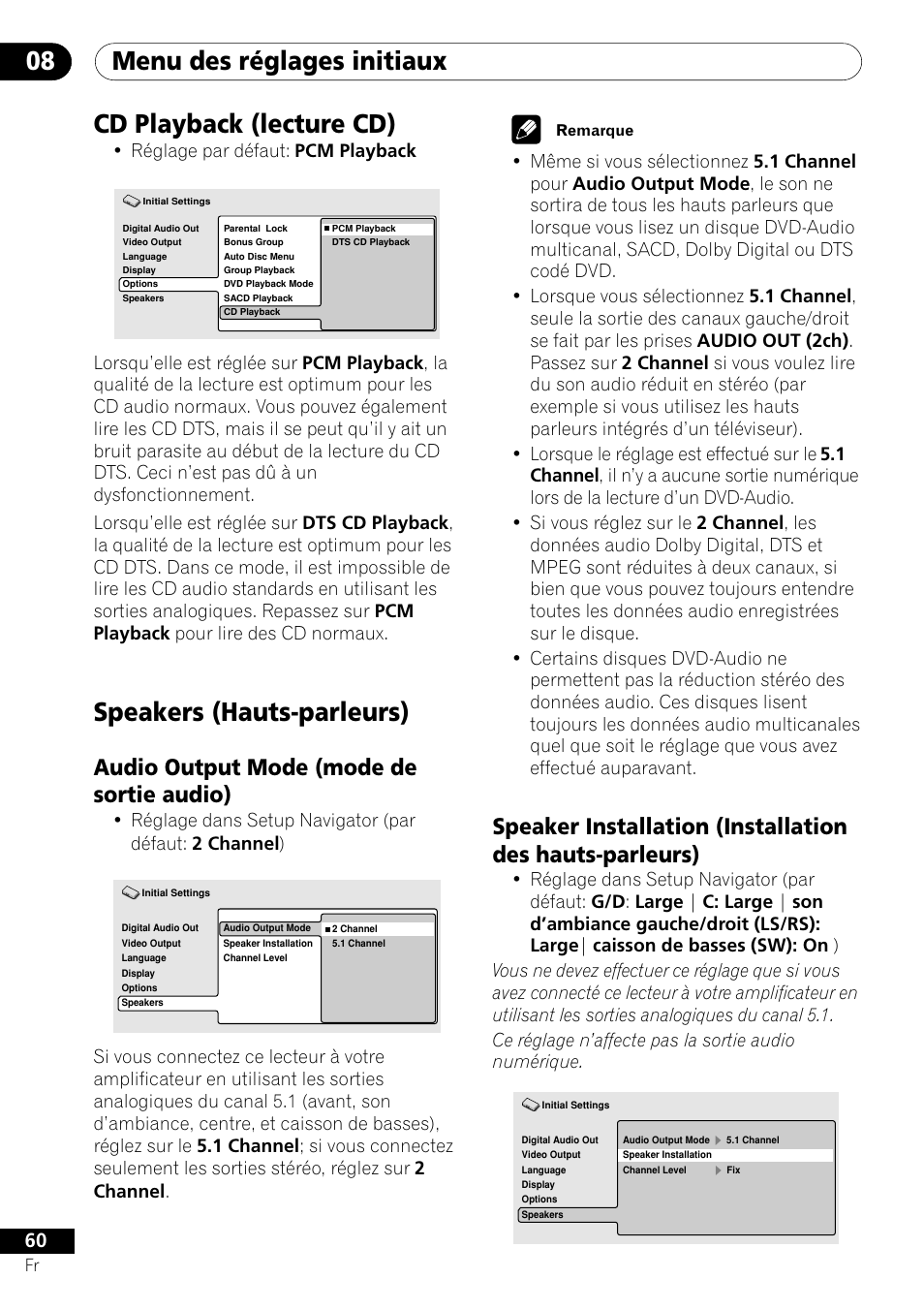 Cd playback, Speakers, Audio output mode speaker installation | Menu des réglages initiaux 08, Cd playback (lecture cd), Speakers (hauts-parleurs), Audio output mode (mode de sortie audio), Réglage par défaut: pcm playback | Pioneer DV-656A-S User Manual | Page 60 / 148