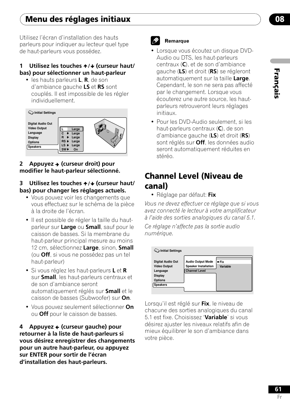 Channel level, Menu des réglages initiaux 08, Channel level (niveau de canal) | Fran ç ais | Pioneer DV-656A-S User Manual | Page 61 / 148