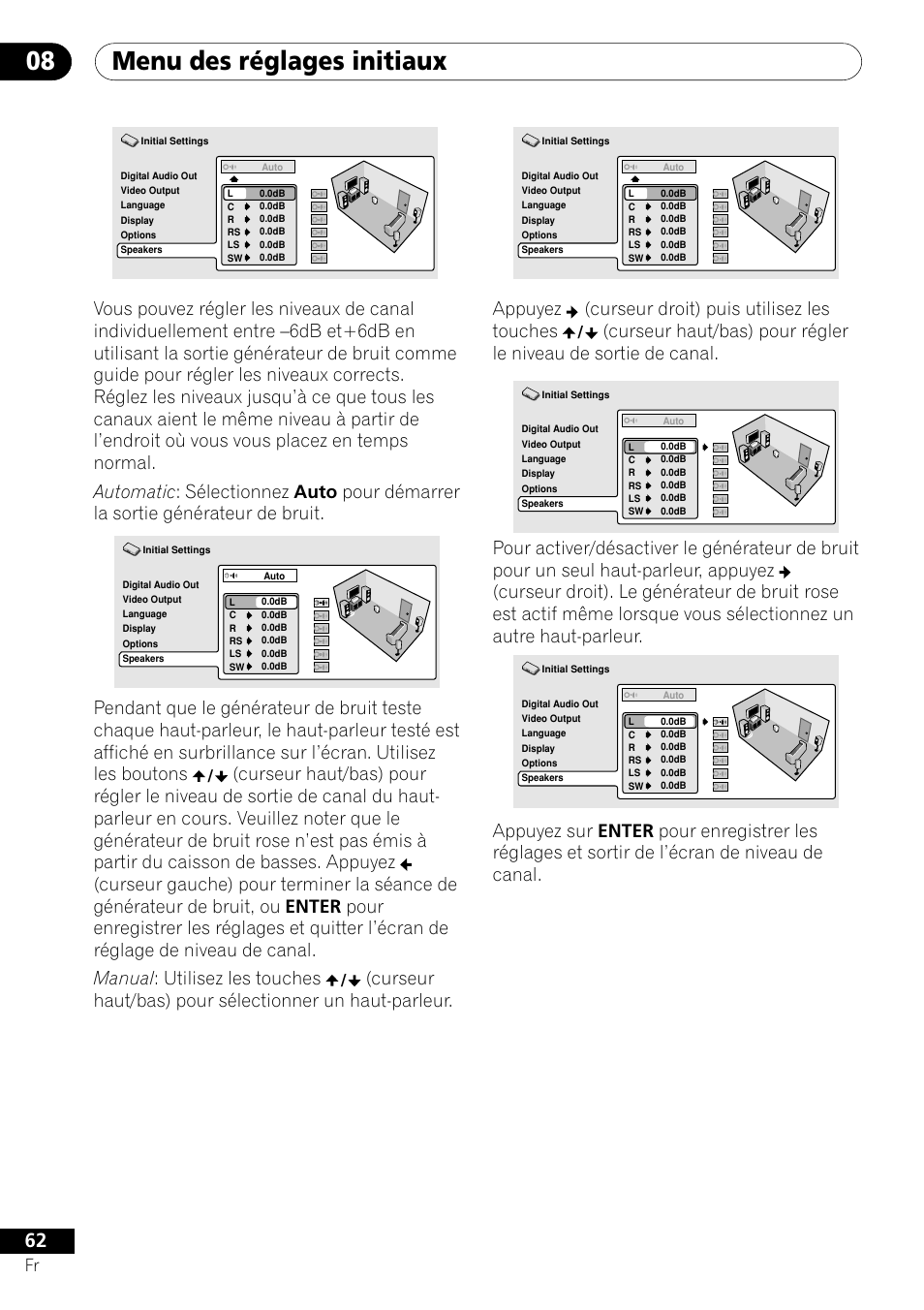 Menu des réglages initiaux 08, Appuyez (curseur droit) puis utilisez les touches | Pioneer DV-656A-S User Manual | Page 62 / 148