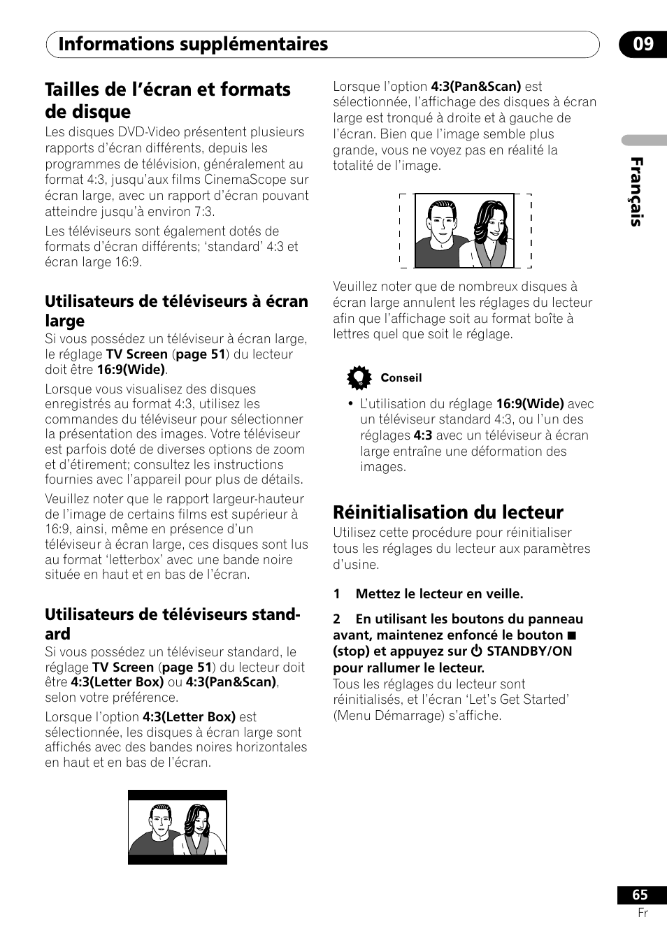 Tailles de l’écran et formats de disque, Réinitialisation du lecteur, Informations supplémentaires 09 | Pioneer DV-656A-S User Manual | Page 65 / 148