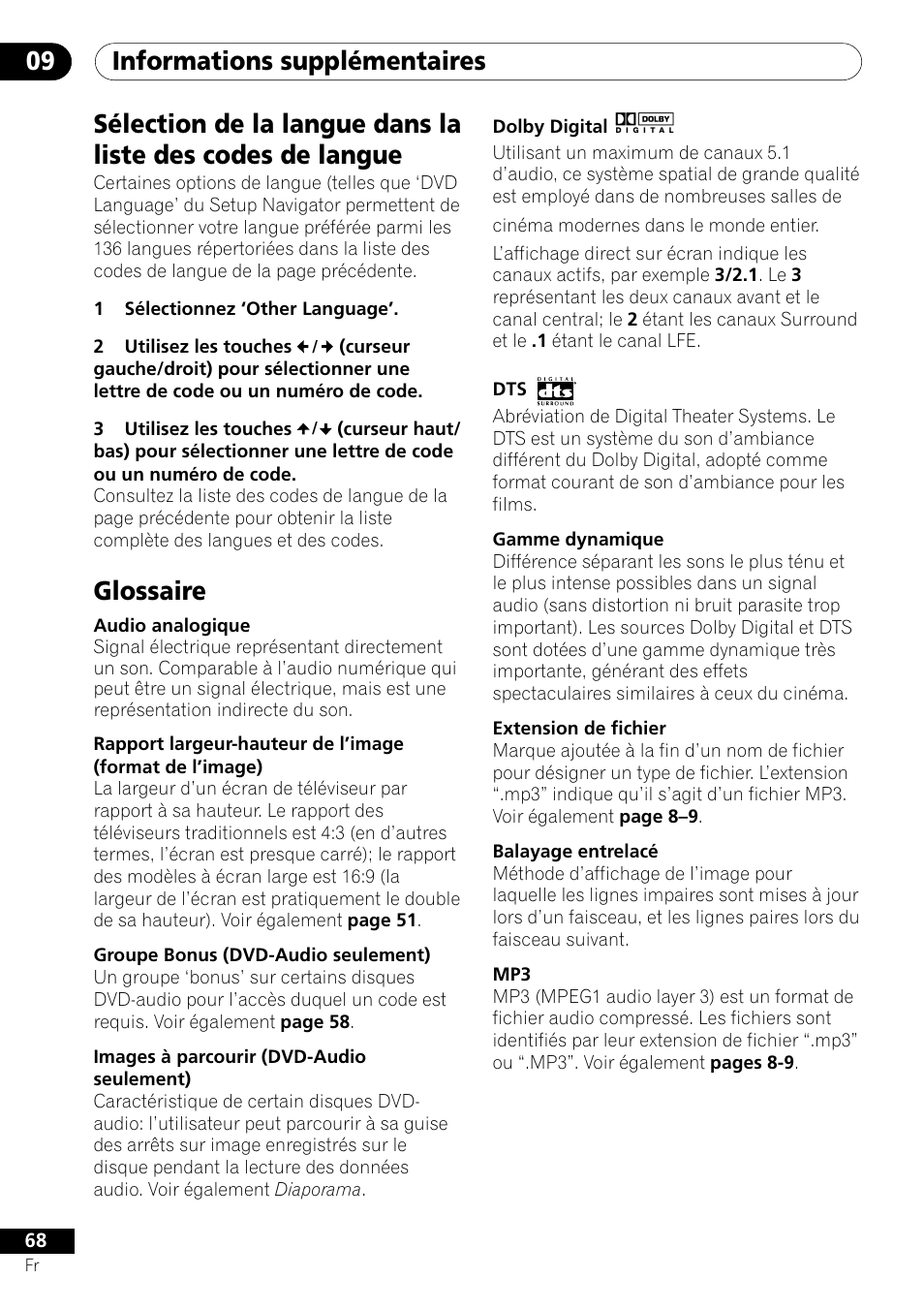 Informations supplémentaires 09, Glossaire | Pioneer DV-656A-S User Manual | Page 68 / 148