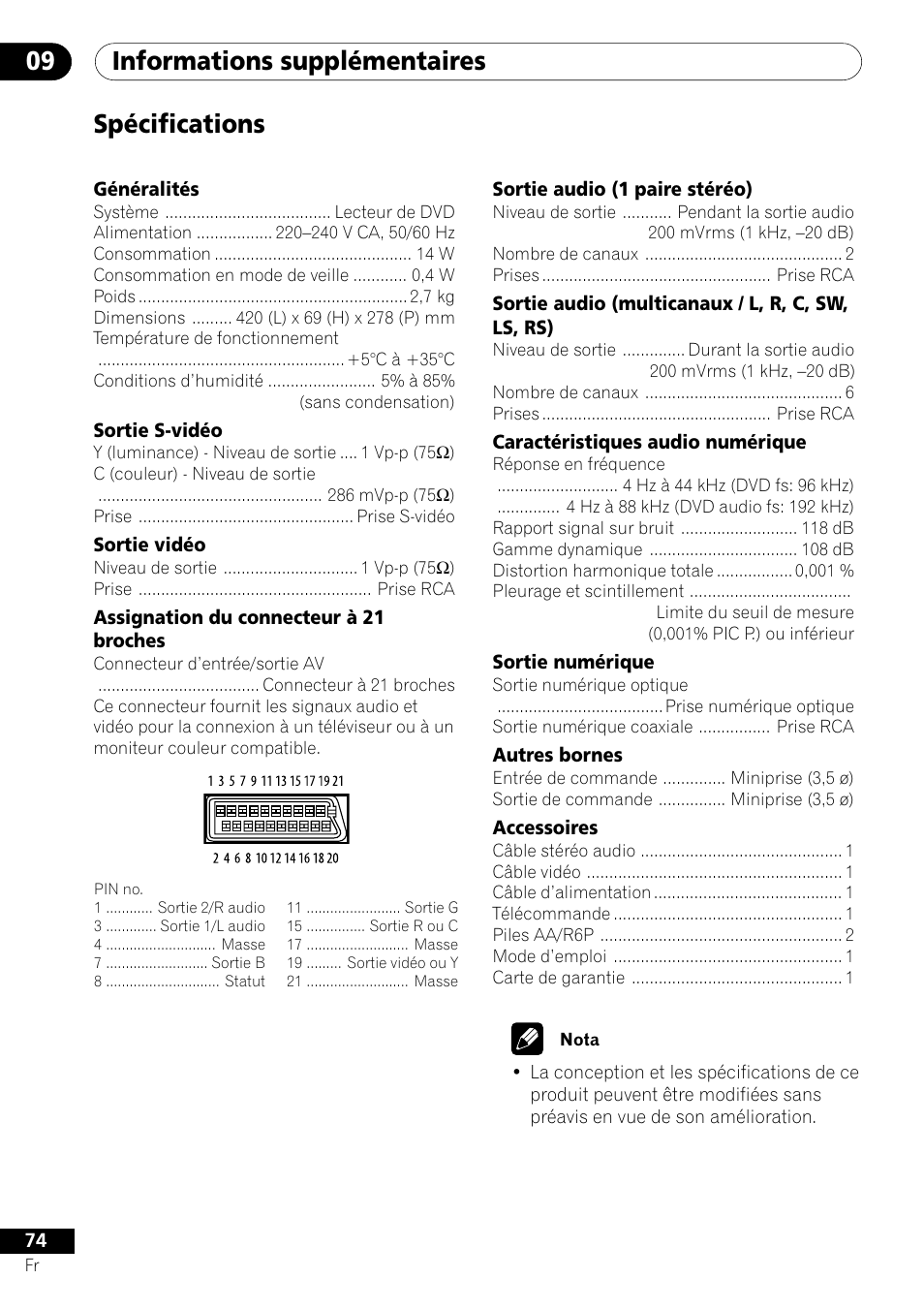 Spécifications, Informations supplémentaires 09 | Pioneer DV-656A-S User Manual | Page 74 / 148