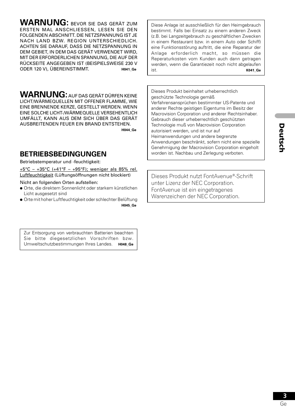 Warnung, Deutsch, Betriebsbedingungen | Pioneer DV-656A-S User Manual | Page 77 / 148