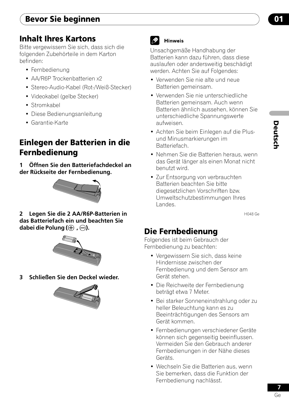 Bevor sie beginnen 01, Inhalt ihres kartons, Einlegen der batterien in die fernbedienung | Die fernbedienung | Pioneer DV-656A-S User Manual | Page 81 / 148