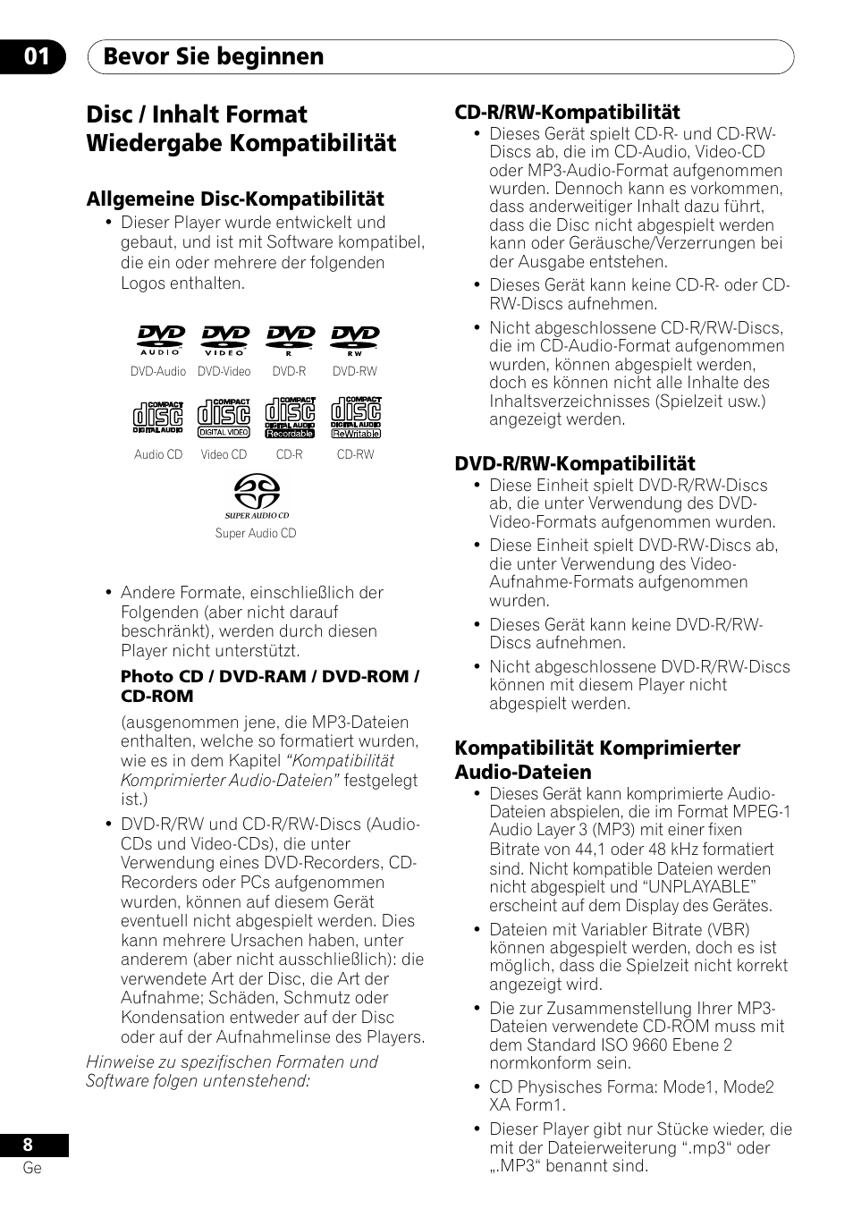 Disc / inhalt format wiedergabe kompatibilität, Bevor sie beginnen 01 | Pioneer DV-656A-S User Manual | Page 82 / 148