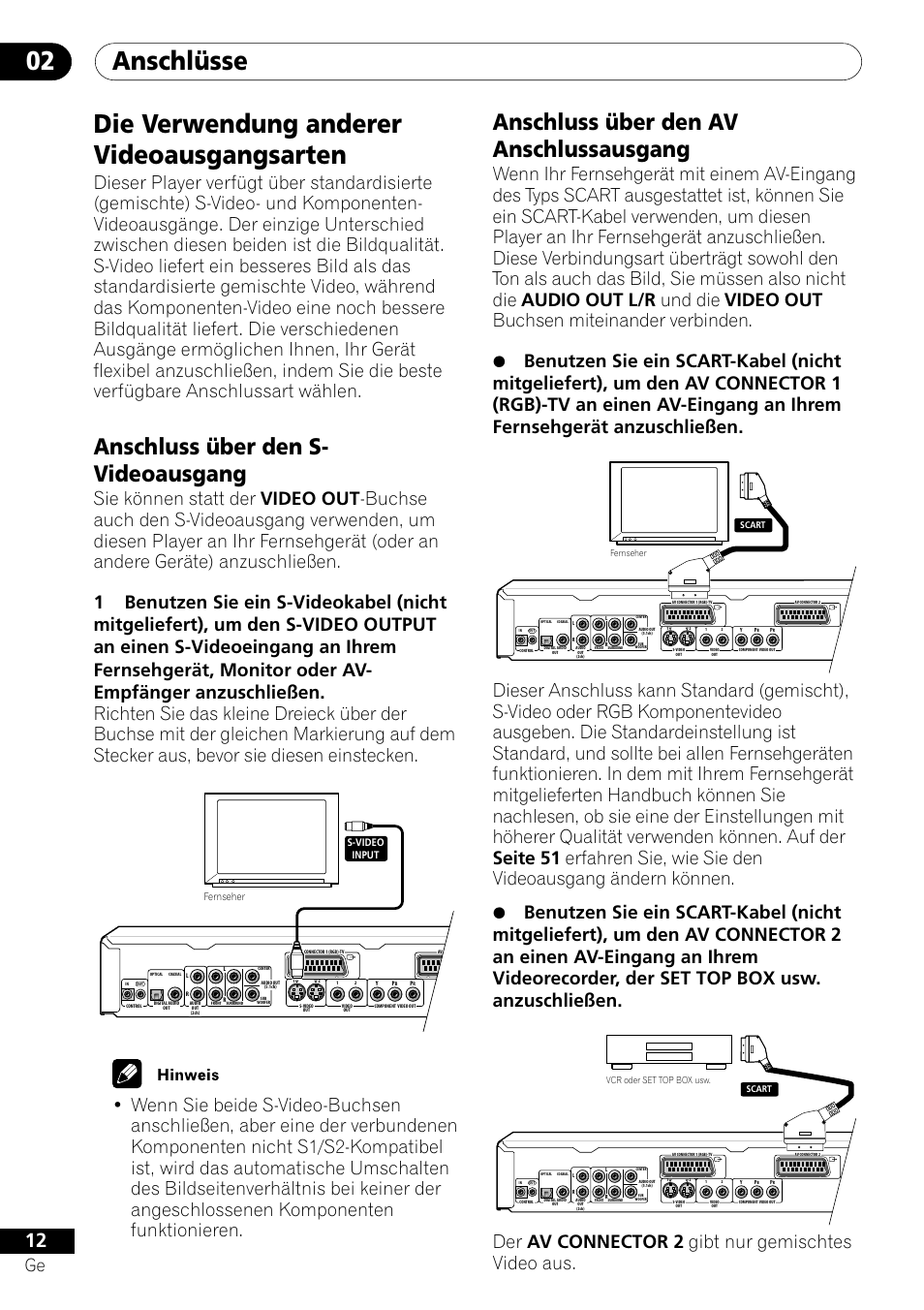 Die verwendung anderer videoausgangsarten, Anschlüsse 02, Anschluss über den s- videoausgang | Anschluss über den av anschlussausgang, Der av connector 2 gibt nur gemischtes video aus | Pioneer DV-656A-S User Manual | Page 86 / 148
