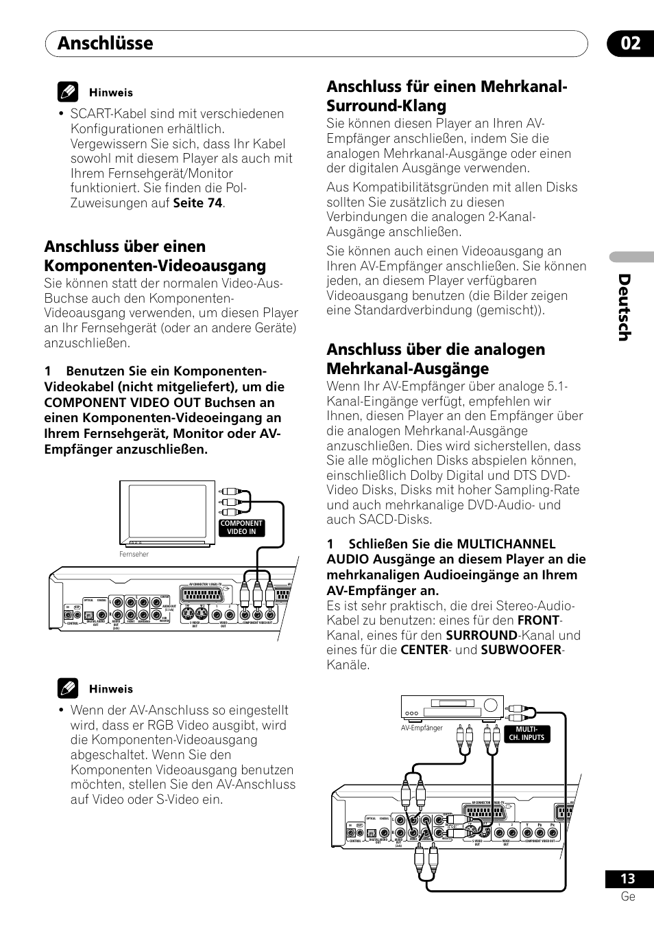 Anschlüsse 02, Deutsch, Anschluss über einen komponenten-videoausgang | Anschluss für einen mehrkanal- surround-klang, Anschluss über die analogen mehrkanal-ausgänge | Pioneer DV-656A-S User Manual | Page 87 / 148