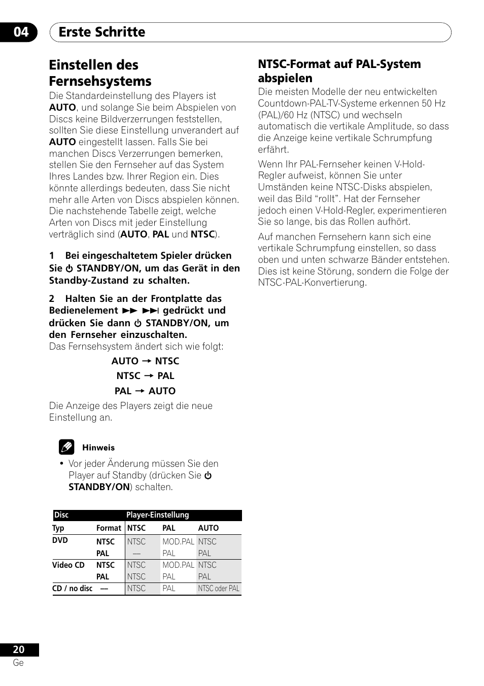 Einstellen des fernsehsystems, Ntsc-format auf pal-system abspielen, Erste schritte 04 | Pioneer DV-656A-S User Manual | Page 94 / 148