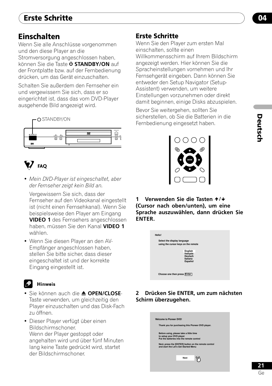 Einschalten, Erste schritte, Erste schritte 04 | Deutsch erste schritte, 1verwenden sie die tasten | Pioneer DV-656A-S User Manual | Page 95 / 148