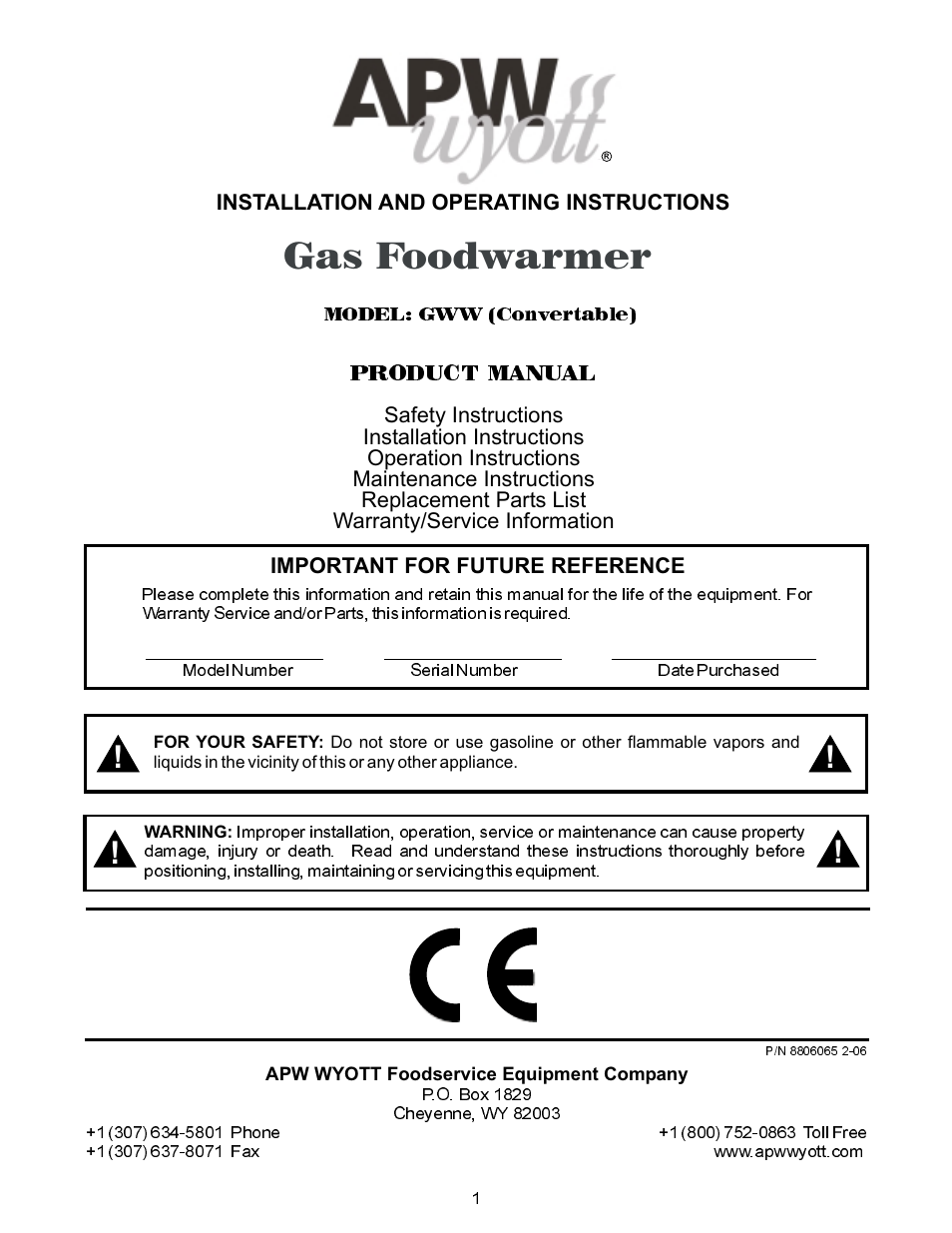 APW Wyott GWW User Manual | 12 pages