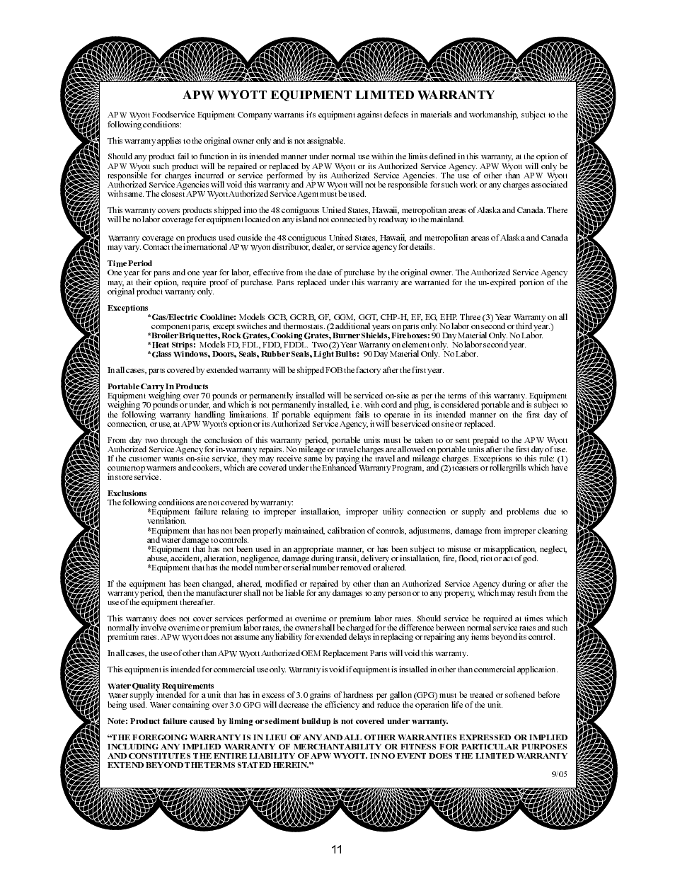 Apw wyott equipment limited warranty | APW Wyott GWW User Manual | Page 11 / 12