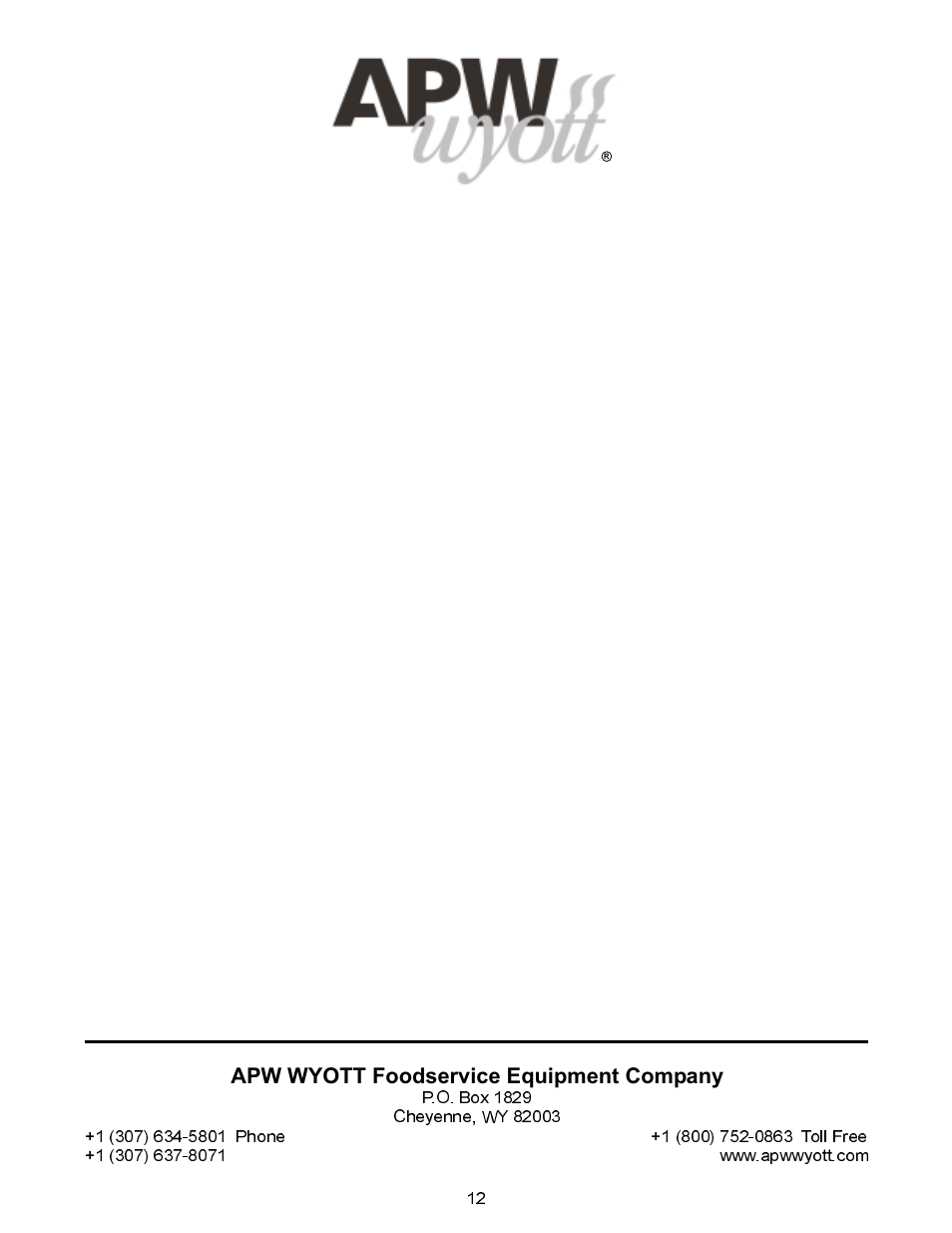 Apw wyott foodservice equipment company | APW Wyott GWW User Manual | Page 12 / 12