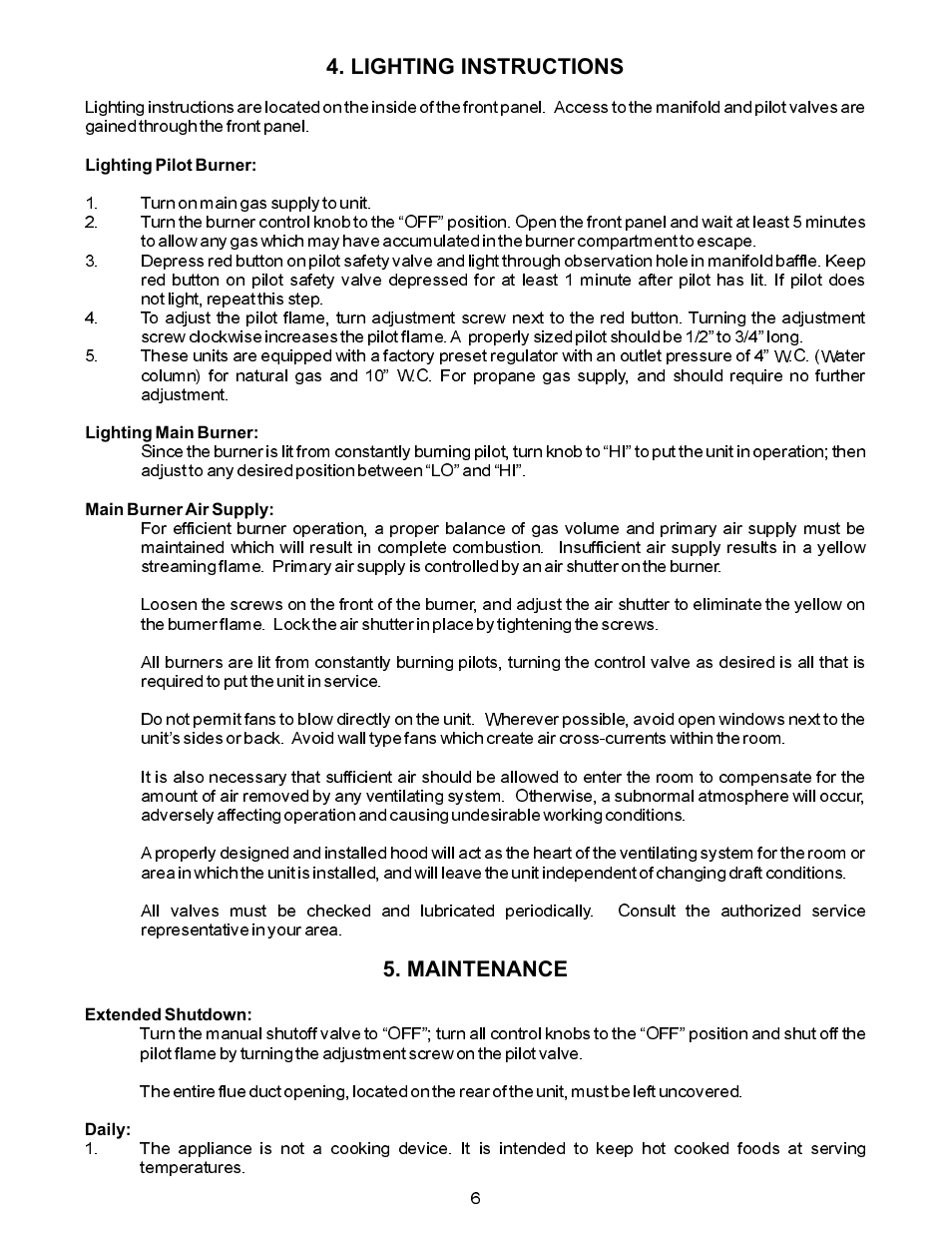 Lighting instructions, Maintenance | APW Wyott GWW User Manual | Page 6 / 12