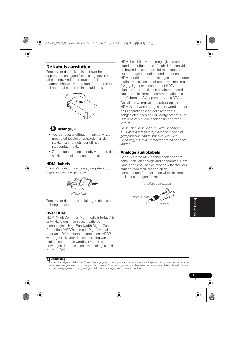 De kabels aansluiten, Hdmi-kabels, Over hdmi | Analoge audiokabels | Pioneer VSX-420-K User Manual | Page 103 / 180