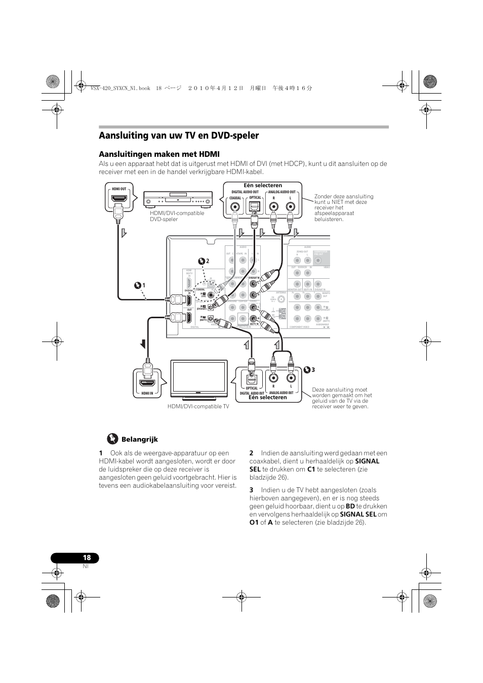 Aansluiting van uw tv en dvd-speler, Aansluitingen maken met hdmi | Pioneer VSX-420-K User Manual | Page 106 / 180