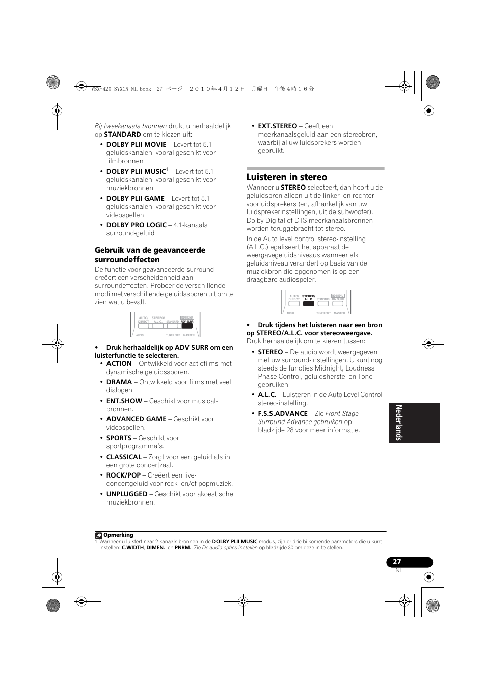 Gebruik van de geavanceerde surroundeffecten, Luisteren in stereo | Pioneer VSX-420-K User Manual | Page 115 / 180
