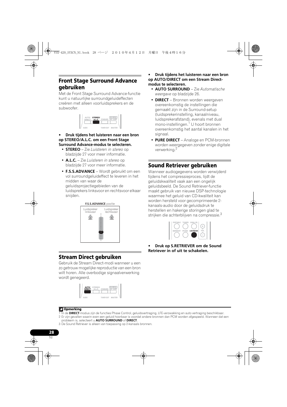 Front stage surround advance gebruiken, Stream direct gebruiken, Sound retriever gebruiken | Pioneer VSX-420-K User Manual | Page 116 / 180