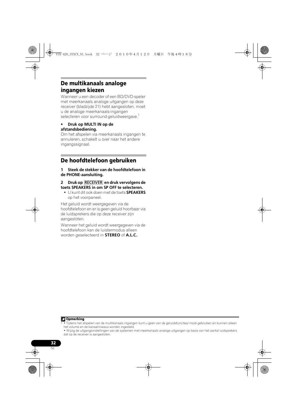 De multikanaals analoge ingangen kiezen, De hoofdtelefoon gebruiken | Pioneer VSX-420-K User Manual | Page 120 / 180